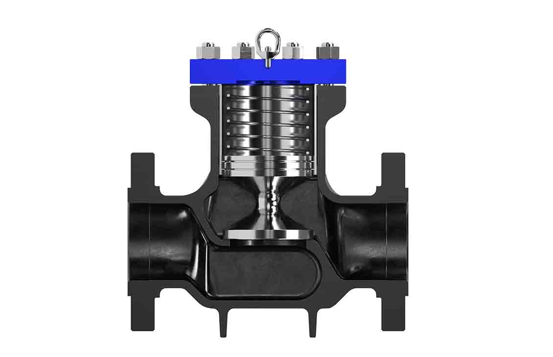 Cutout view of piston-style Tom Wheatley check valve, showing internals.