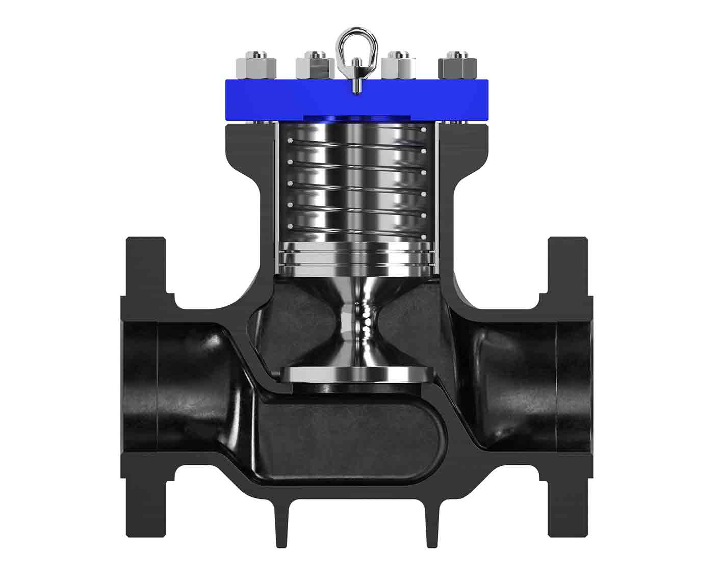 Cutout view of piston-style Tom Wheatley check valve, showing internals.
