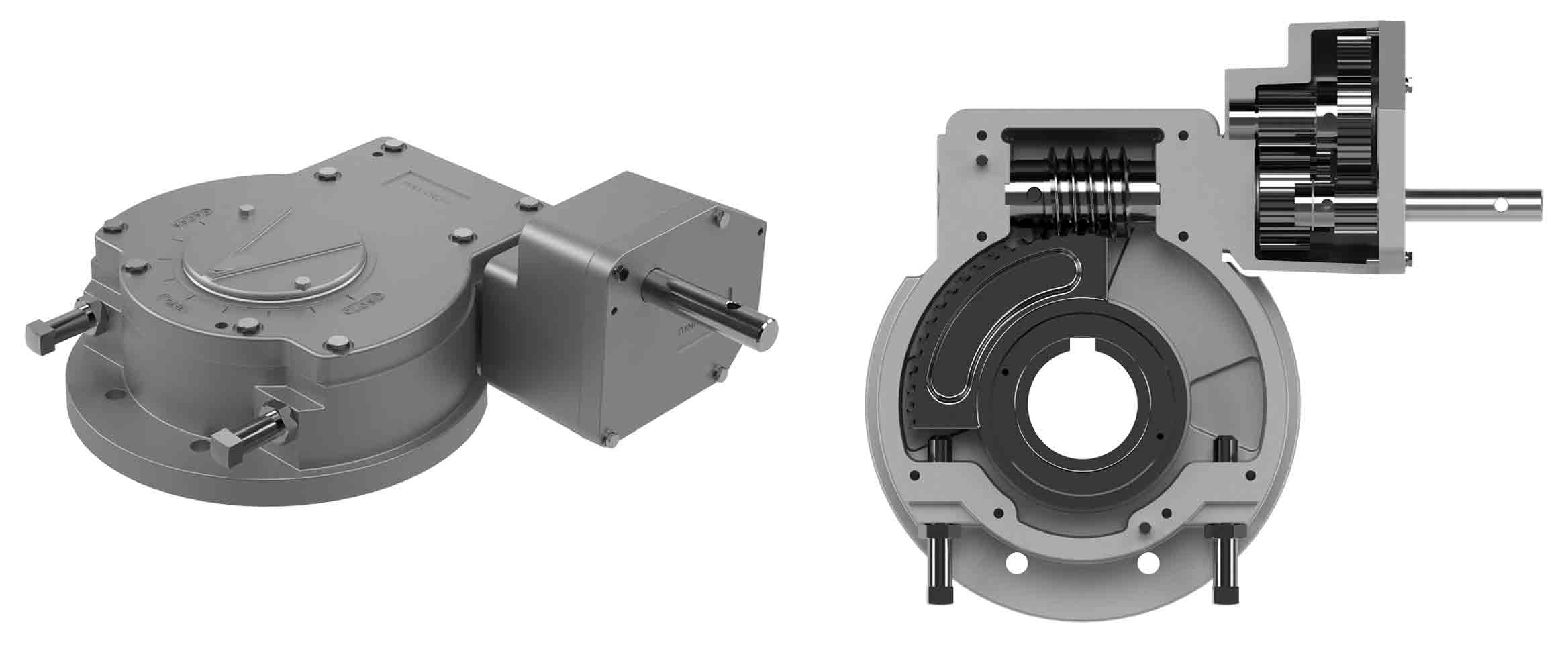 Exterior (left) and cutaway (right) views of a Dynatorque 90 quarter-turn worm gear.
