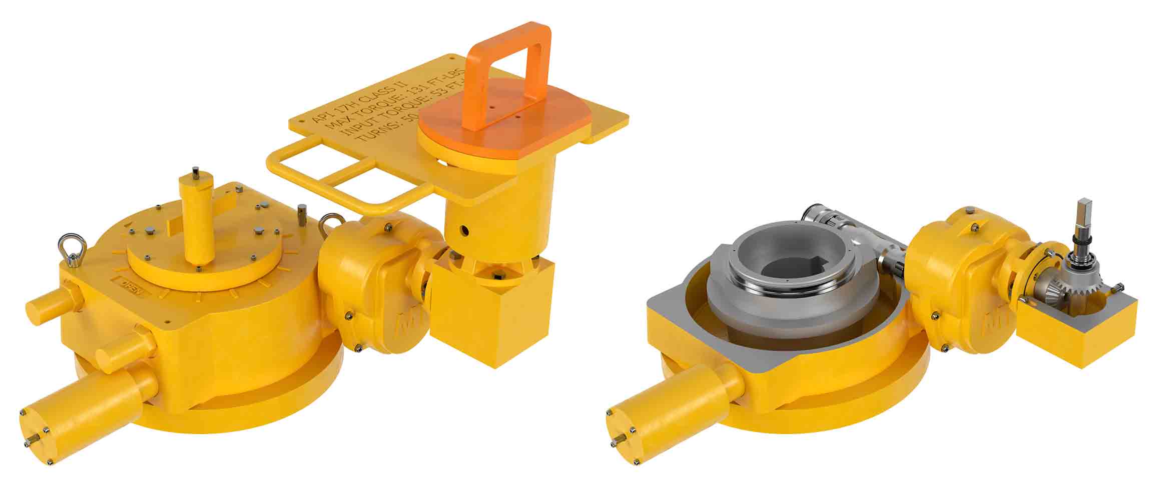 Exterior and cutaway images of a Maxtorque subsea worm gear.