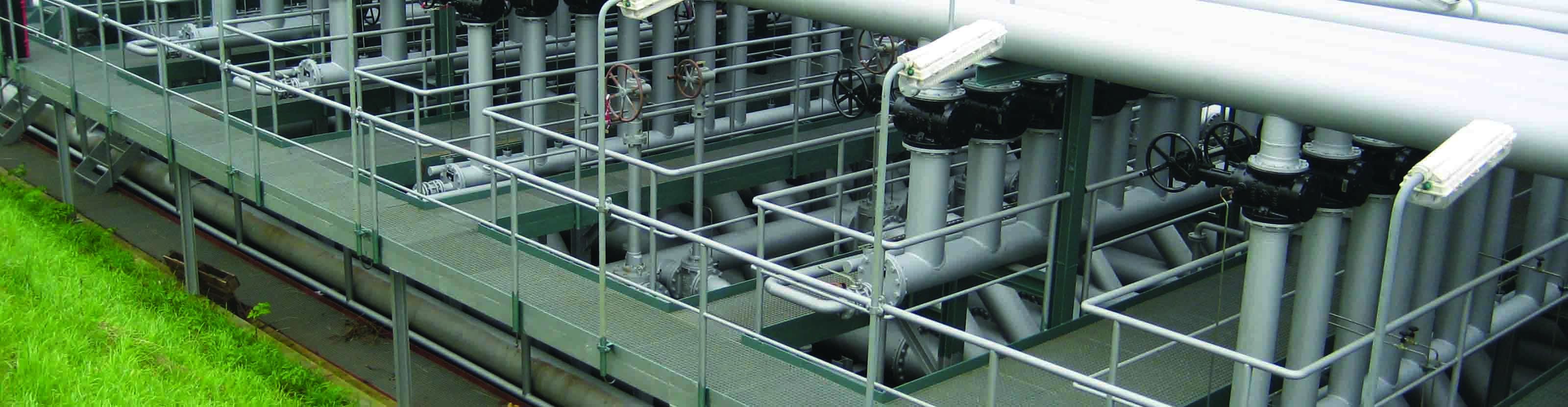 Dozens of valves in an onshore processing facility.