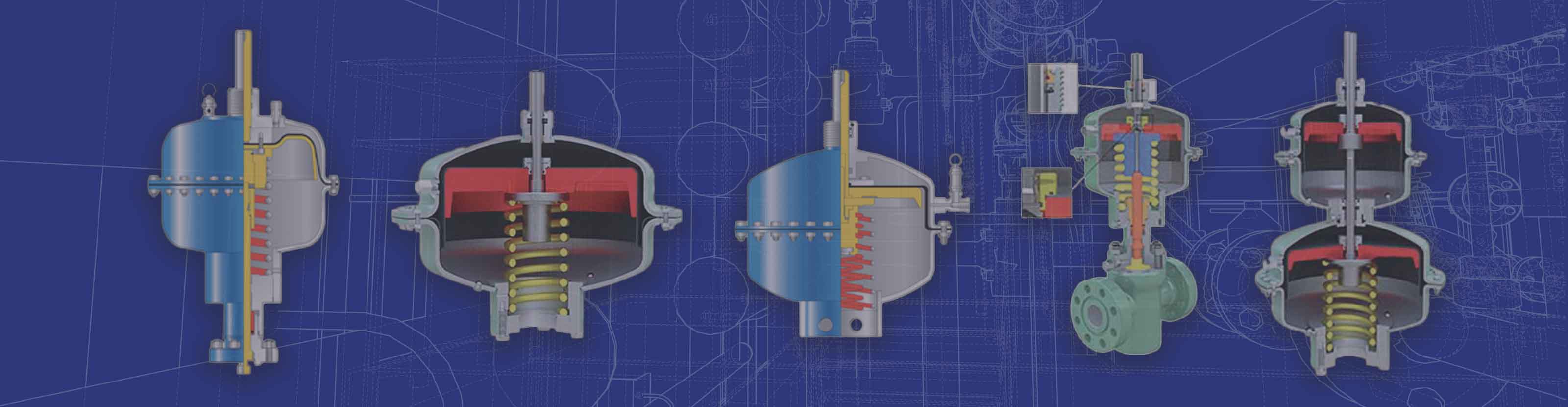 multiple pneumatic diagraphm actuators against a blue schematic background