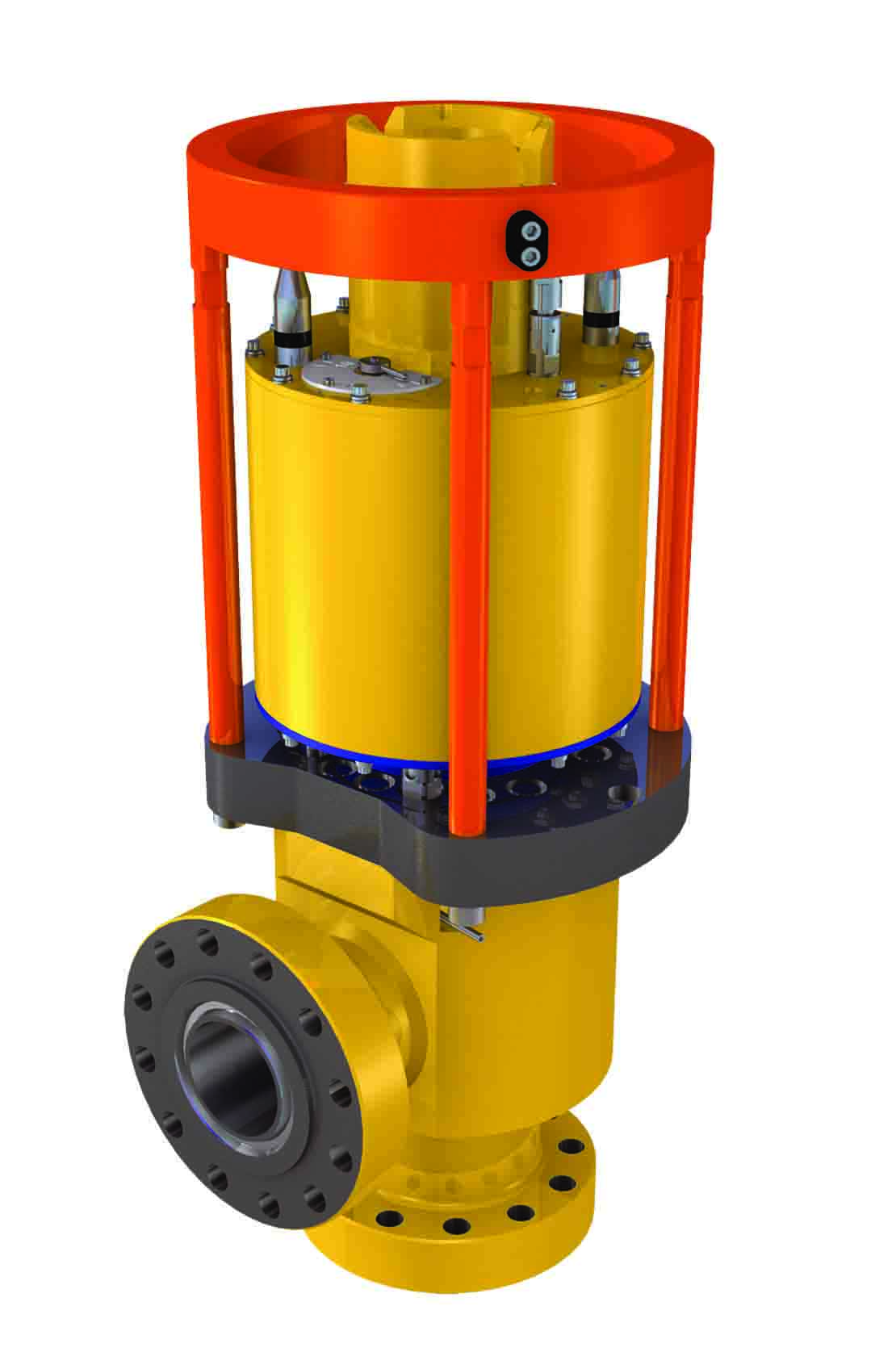 Render of yellow and orange compact insert-retrievable choke valve.