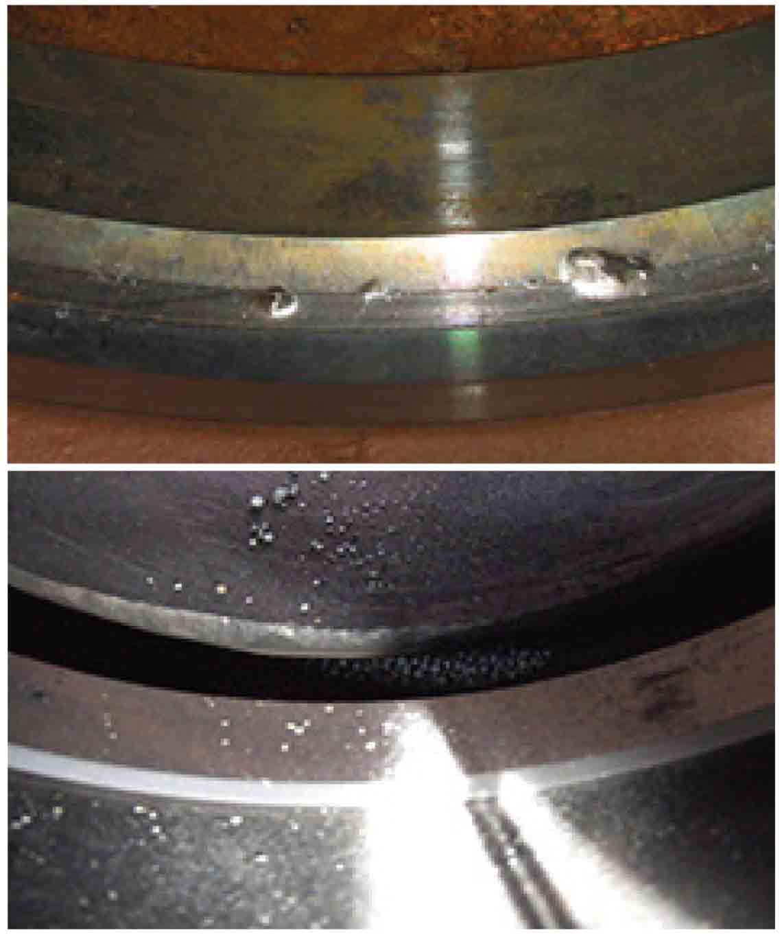 Examples of valve seat damage caused by debris.