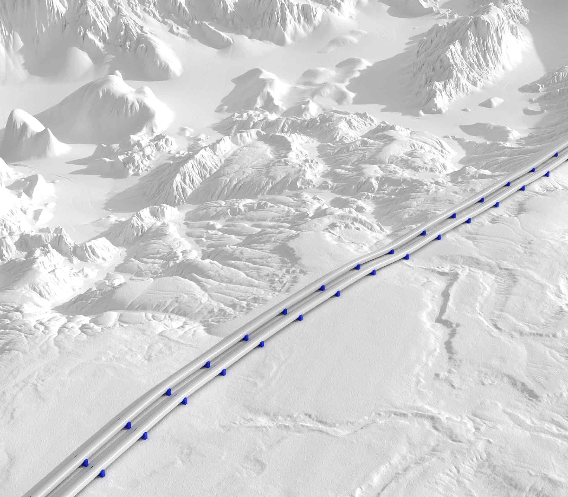 Rendering of a pair of pipelines crossing hilly terrain.