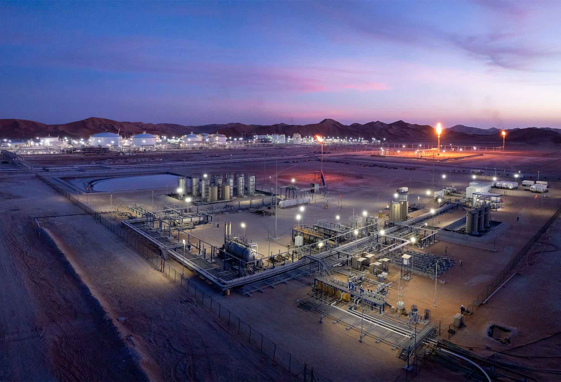 Aerial photo of a facility and pipelines.