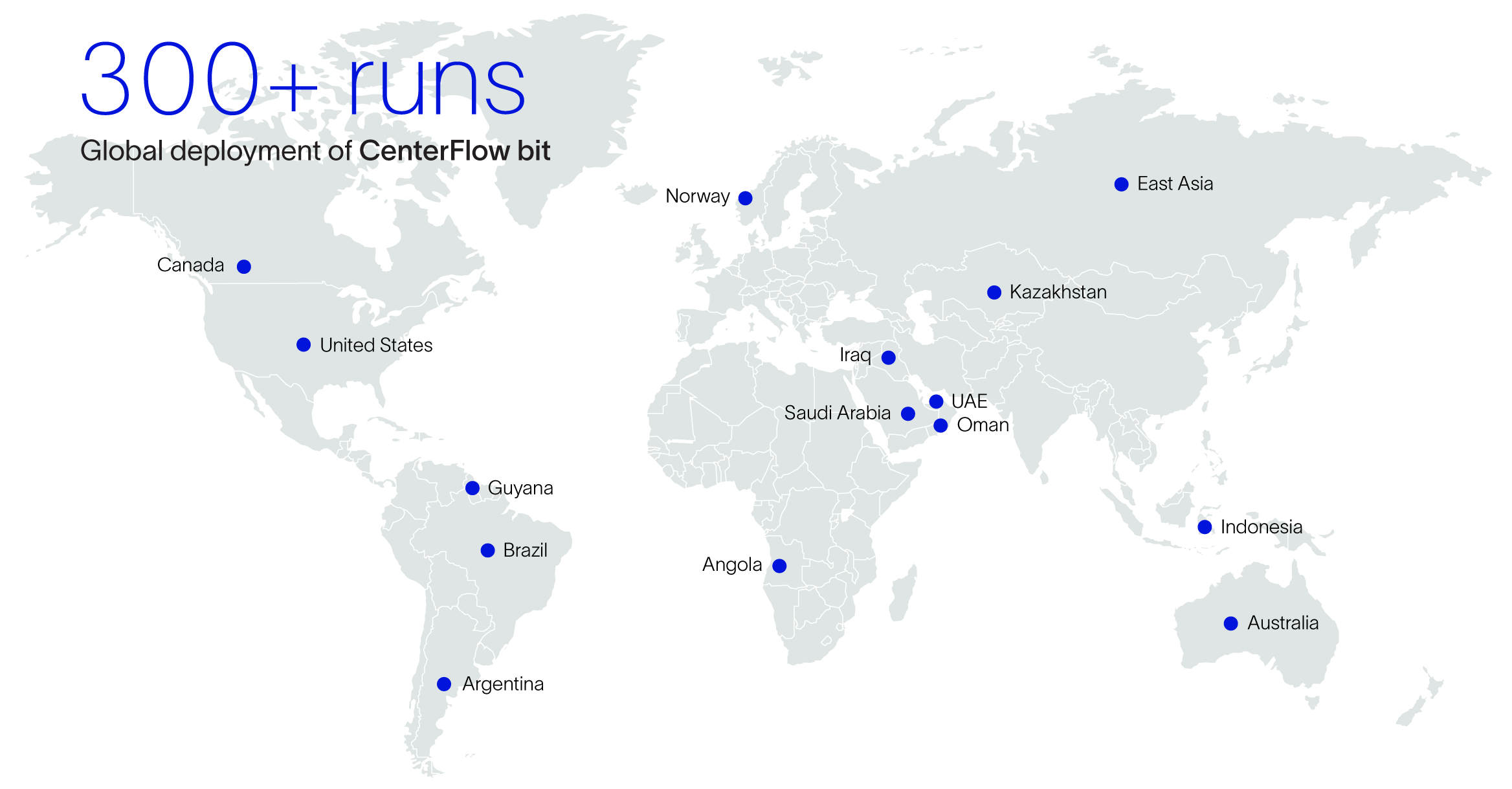 Map of the world depicting locations of successful CenterFlow runs