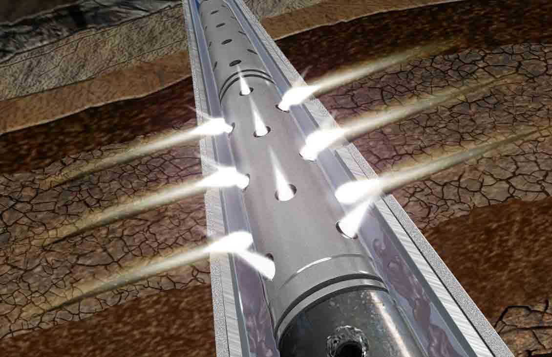 Illustration of an ACTive OptiFIRE CT real-time selective perforating and activation system downhole during the moment of perforation.