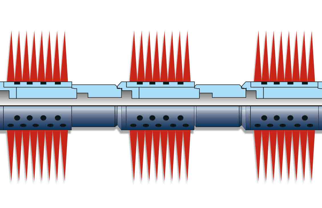 Tubing-conveyed perforating string configuration with PowerJet Omega charges.