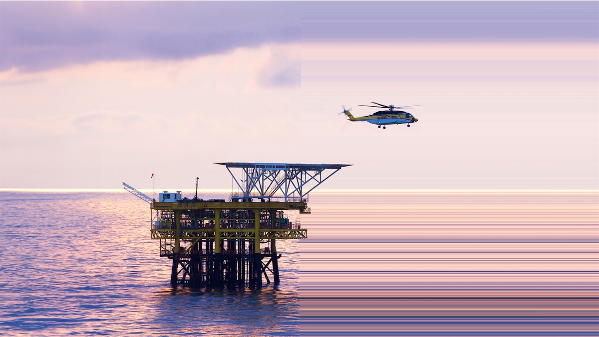 Offshore platform in the sea with a helicopter taking off during sunset, with abstract horizontal lines transitioning out of the image.